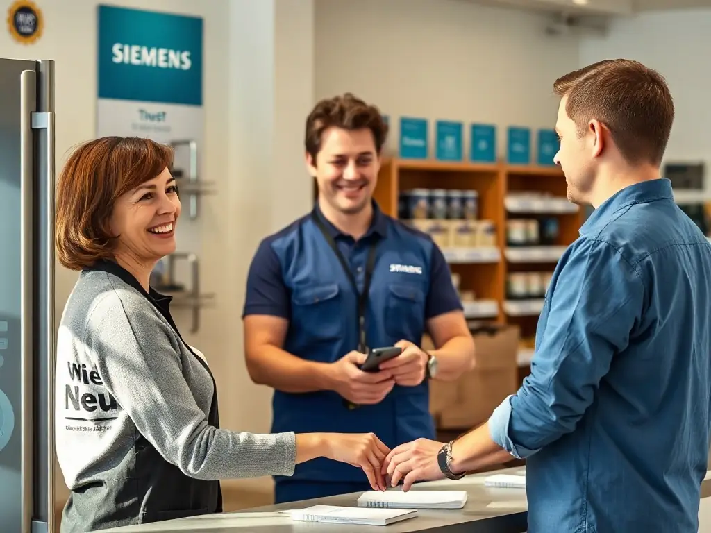 A friendly MSM Retourenmarkt employee handing a customer a Wie Neu Siemens Kühlschrank at the pickup counter, both smiling, with visible trust badges and clear signage in the background.