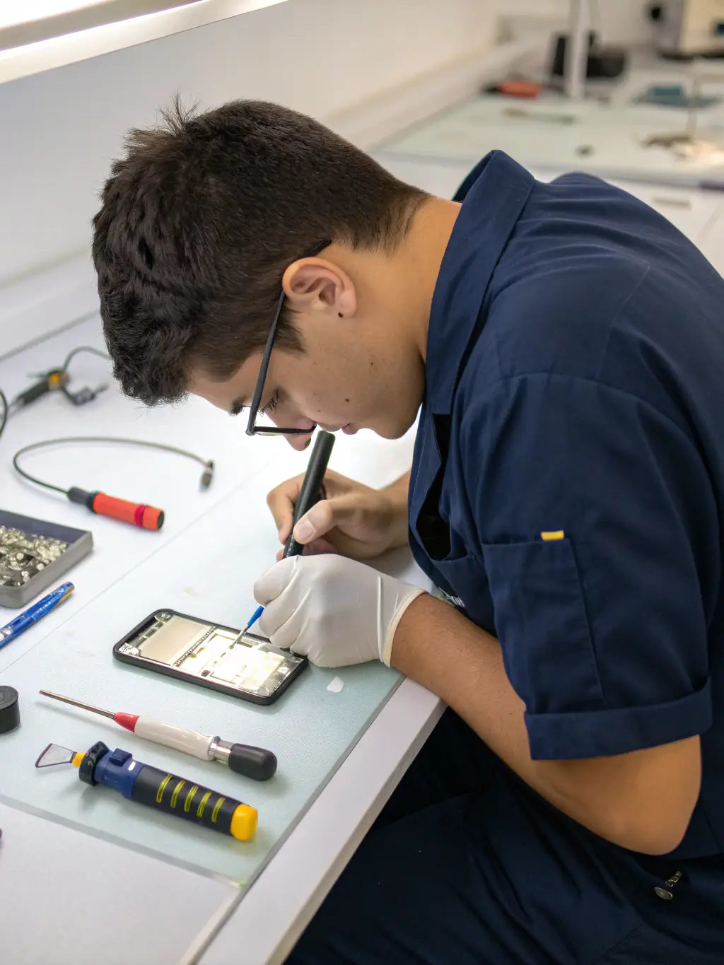 Close-up of a staff member inspecting a returned product, highlighting attention to detail and quality control in a professional environment.