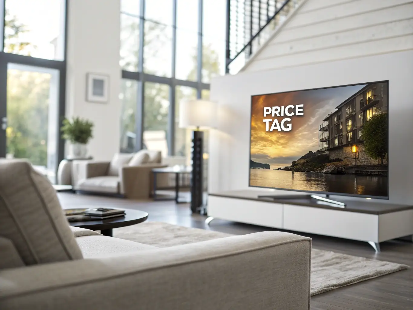 A modern price tag on a stylish piece of furniture, such as a sofa, with a visible discount label, set in a bright, inviting living room with green accents, illustrating fair pricing at MSM Retourenmarkt.