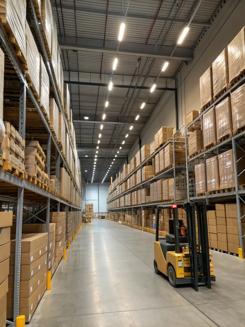 A bright, modern warehouse scene with neatly stacked boxes of return goods, including visible electronics and small appliances, conveying a sense of order and value.