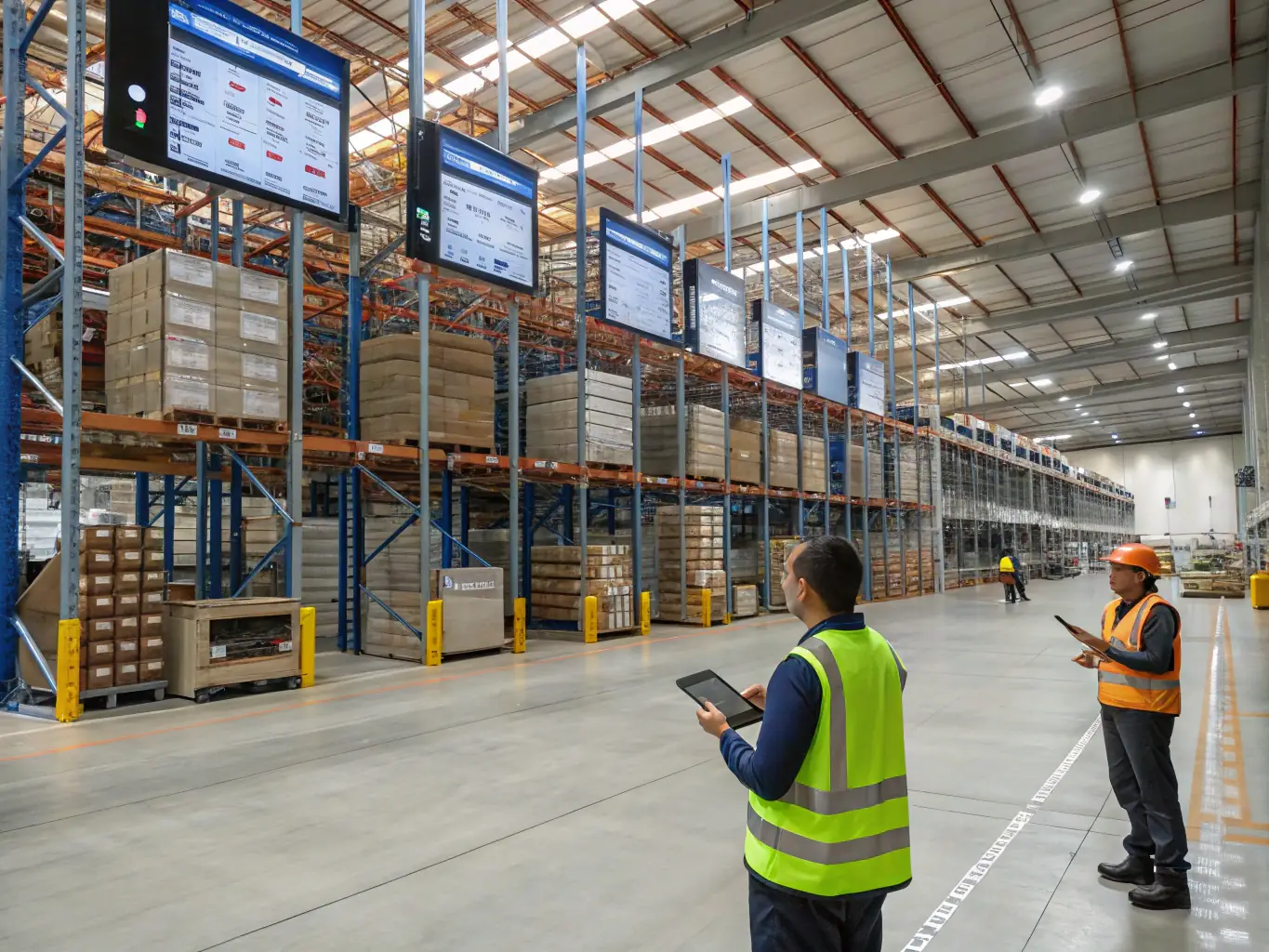 A modern, eco-friendly warehouse scene with neatly stacked boxes labeled 'Retourenware', a green recycling symbol, and a staff member placing a product on a shelf, emphasizing sustainability and responsible shopping.