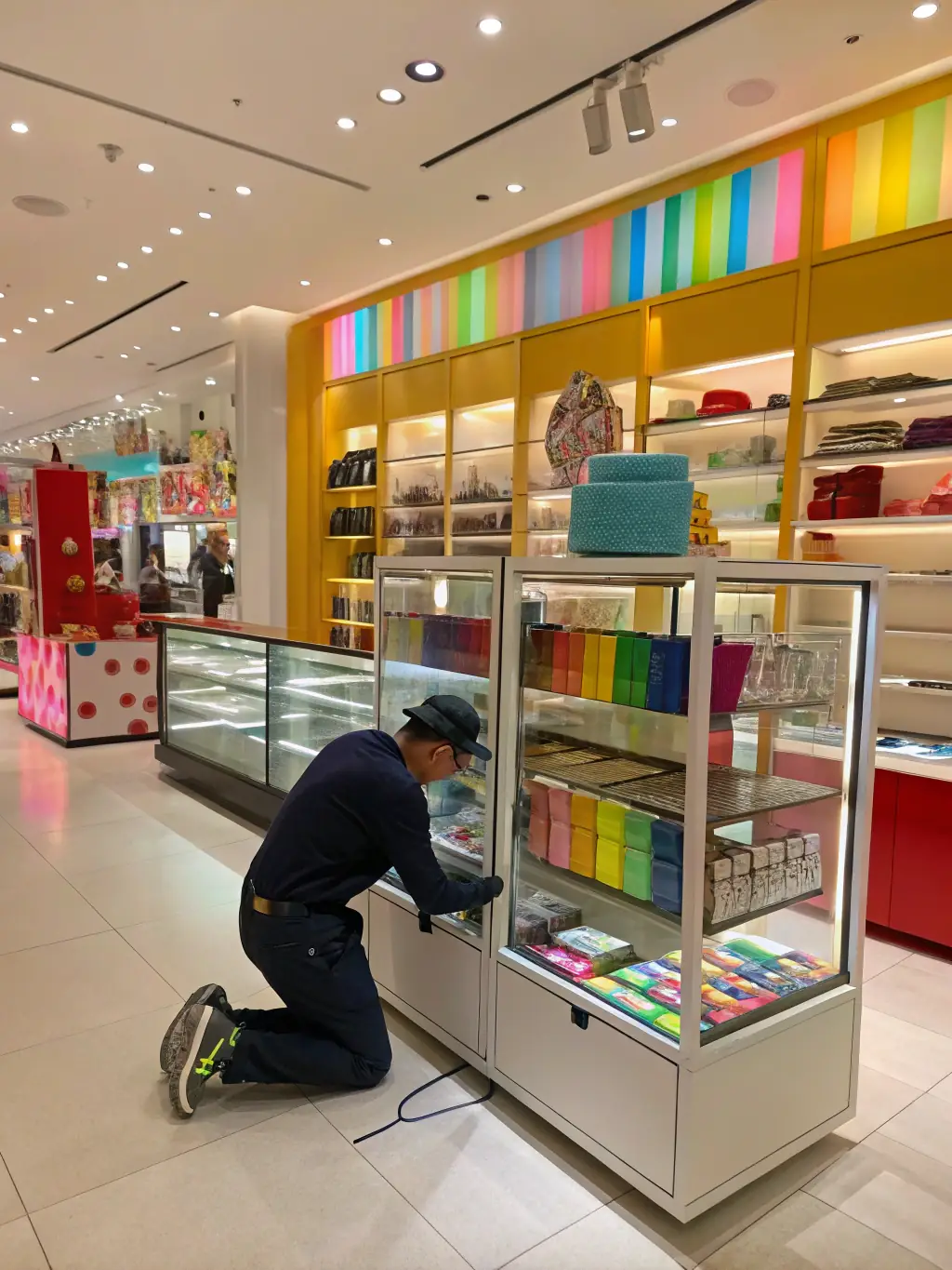 A friendly MSM Retourenmarkt employee placing a price tag on a refurbished household appliance, surrounded by other discounted items, symbolizing fair and transparent pricing.
