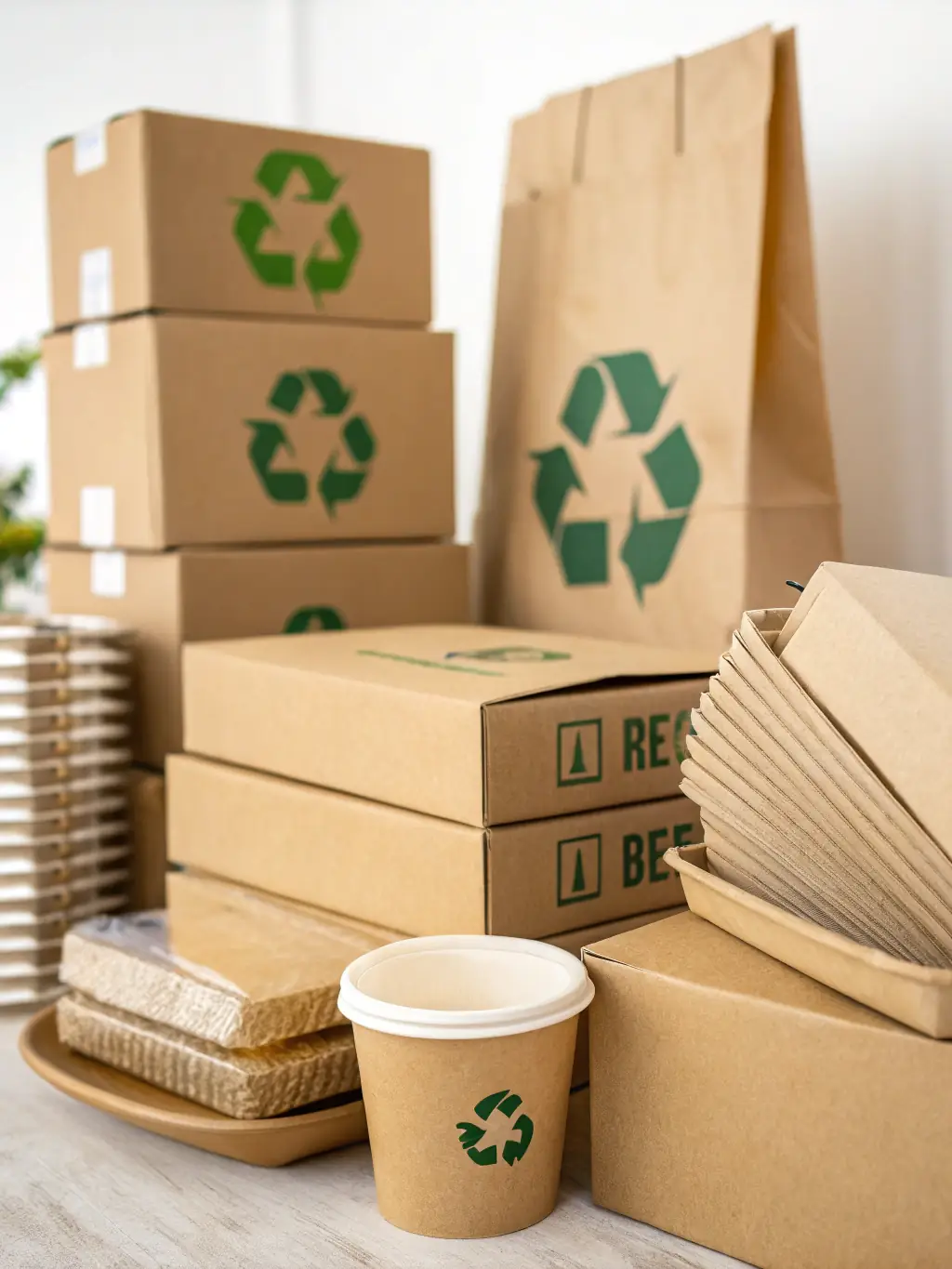 Ein Bild von nachhaltigen Verpackungen und recycelten Kartons, die für den Versand vorbereitet werden, mit grünem MSM Retourenmarkt-Logo im Vordergrund.
