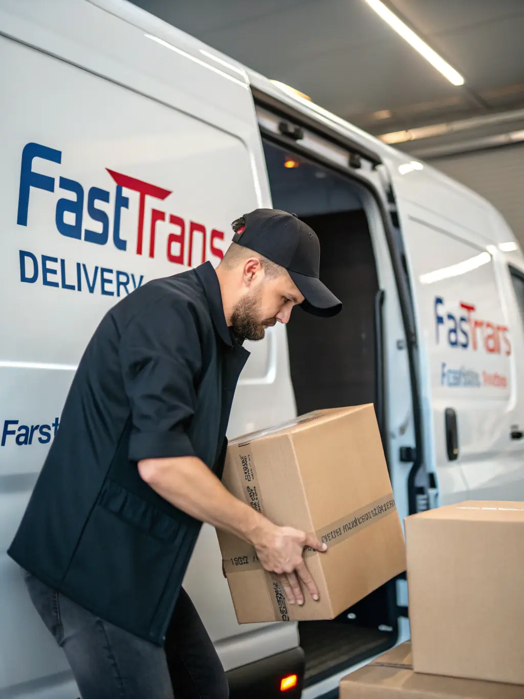 A courier in MSM Retourenmarkt uniform loading a package into a delivery van, with a visible 'Schneller Versand' label, illustrating fast and reliable shipping.