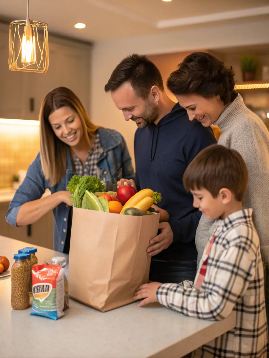 A family unpacking a box of refurbished electronics in a bright living room, with a green eco-label and recycling symbols, emphasizing sustainable shopping.