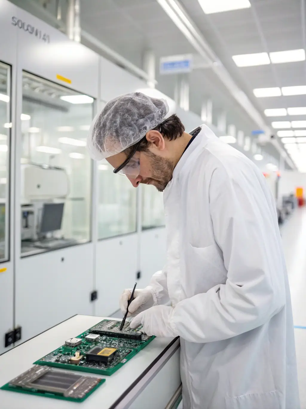 A close-up photo of a quality inspector in a modern warehouse carefully checking an electronic device, with shelves of assorted products in the background, representing product verification at MSM Retourenmarkt.