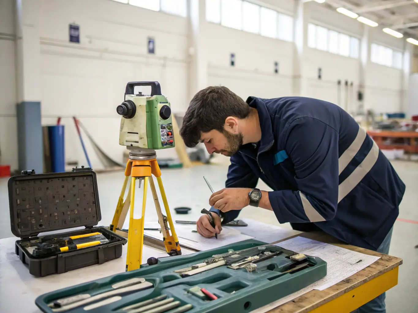 A close-up photo of a technician inspecting a Bosch Akku-Bohrschrauber, highlighting the device's clean condition and quality check label, set in a bright, modern workspace to convey trust and professionalism.