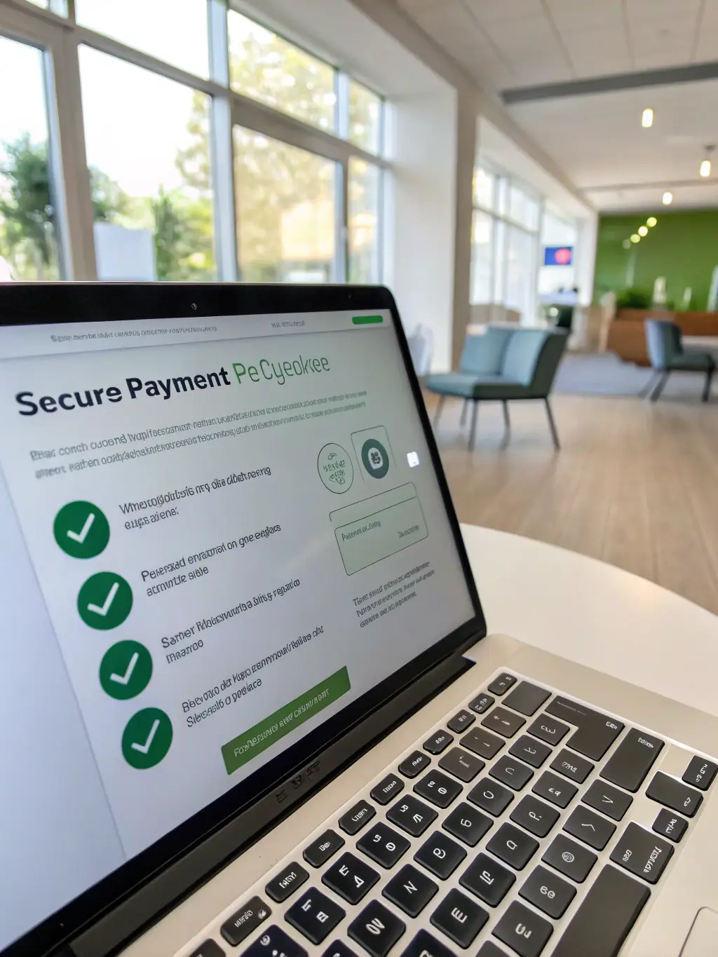 A secure online checkout page on a laptop screen, with visible security icons and a reassuring customer support chat window.