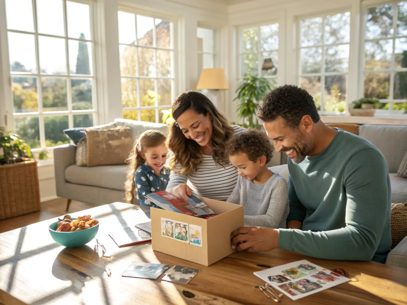 A cheerful family placing a gently used product into a shopping cart in a bright, eco-friendly store environment with green plants and recycling symbols, symbolizing sustainable shopping at MSM Retourenmarkt.