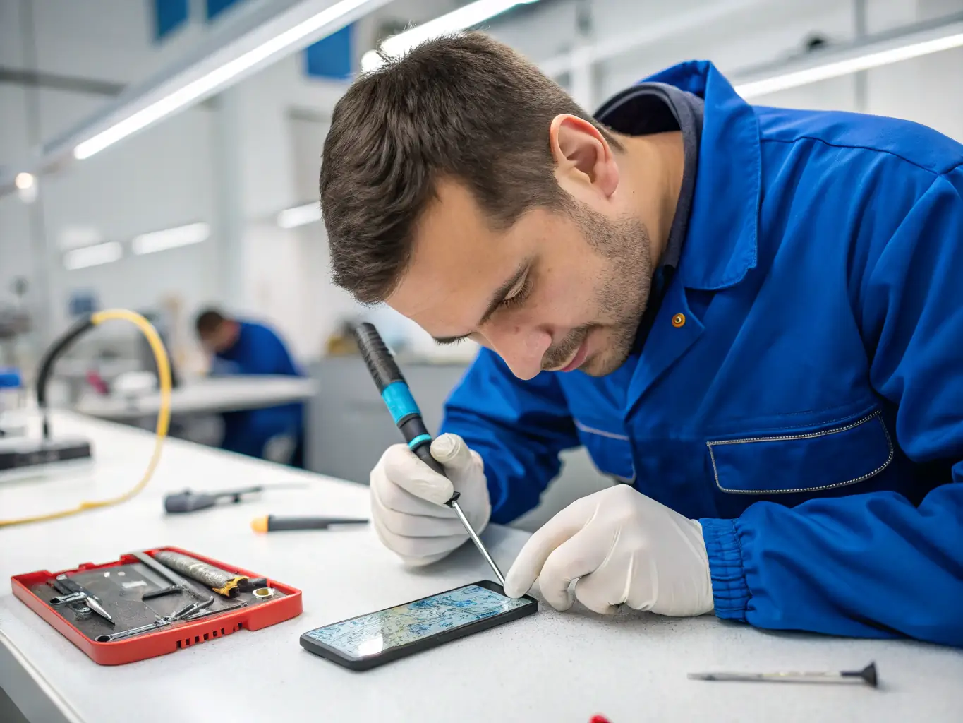 A close-up image of a technician inspecting a returned electronic device, such as a smartphone, on a clean white table with green accents, representing MSM Retourenmarkt's quality control process for returned goods.