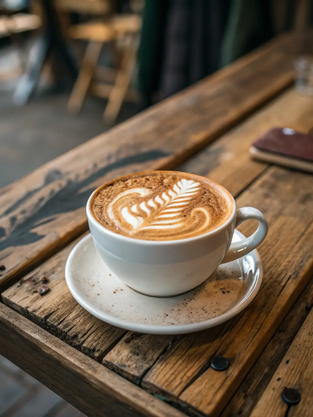 Ein dampfender Becher Kaffee auf einem Holztisch, im Hintergrund der Bodensee und sanftes Morgenlicht, vermittelt Gemütlichkeit und Genuss am See.