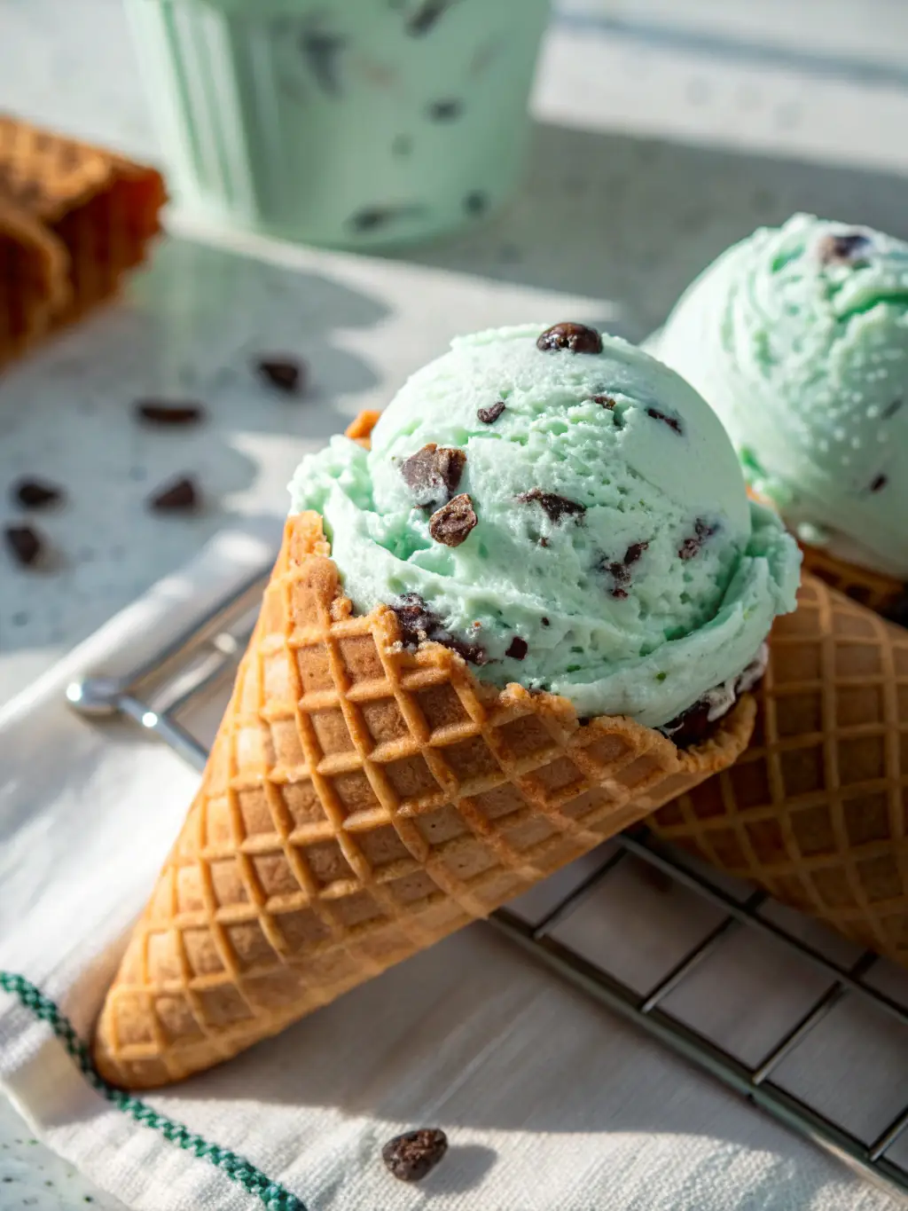 A vibrant image of three scoops of ice cream (vanilla, chocolate, strawberry) in a waffle cone, held up with the lake and blue sky in the background.