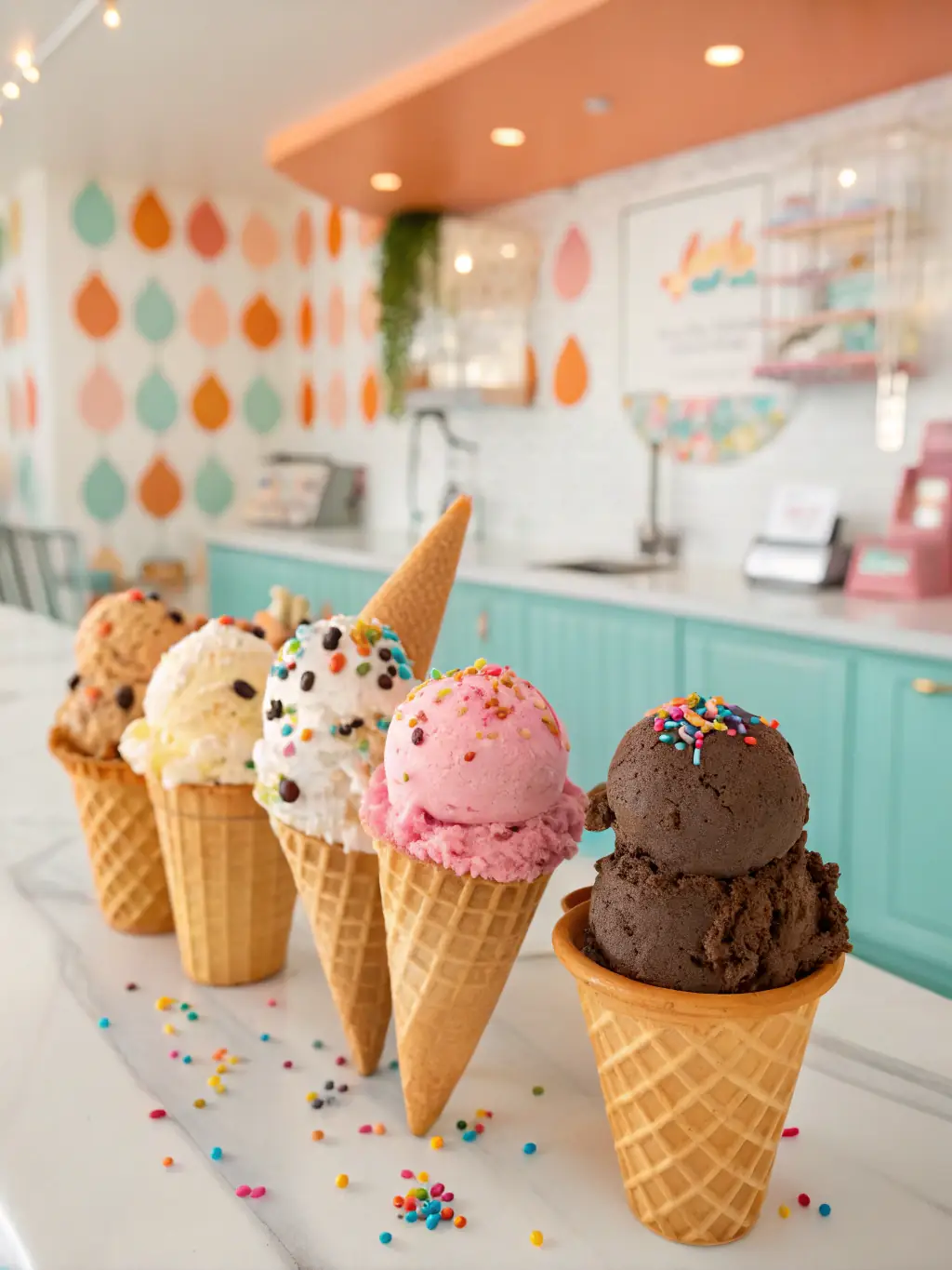 A selection of ice cream cones and cups in various flavors, held by smiling hands, with the kiosk and lake visible in the background.