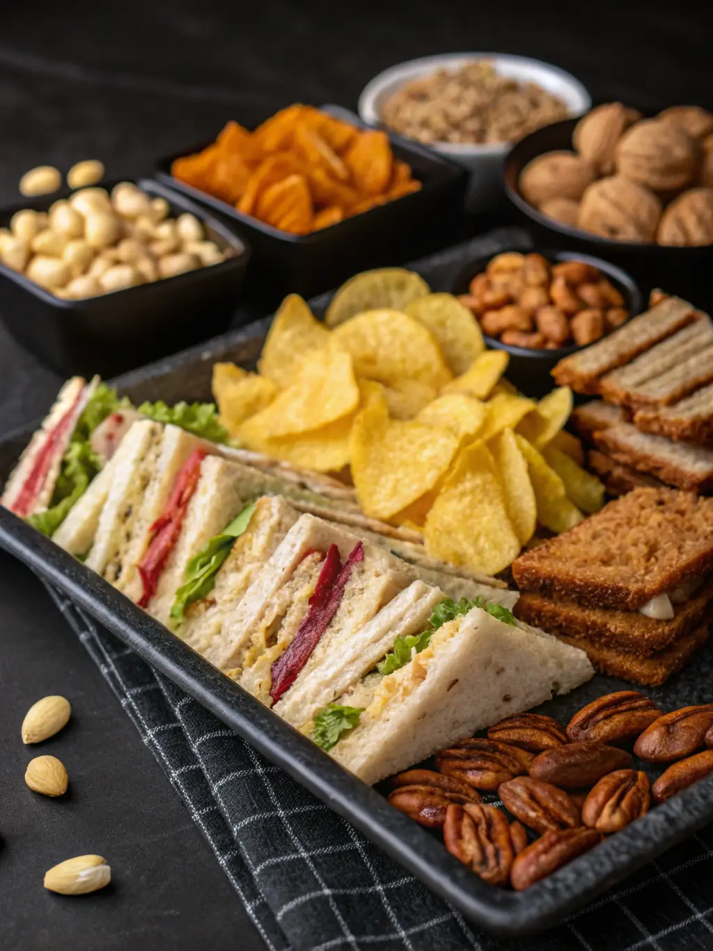 A small plate with crispy chips, mixed nuts, and a fresh sandwich, arranged on a turquoise napkin, inviting for a quick snack break.