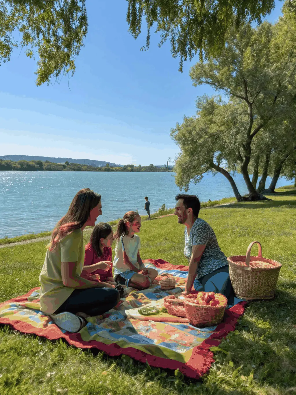 A cheerful scene showing a family enjoying drinks and snacks at a picnic table near the kiosk, with bicycles and the lake visible in the background.