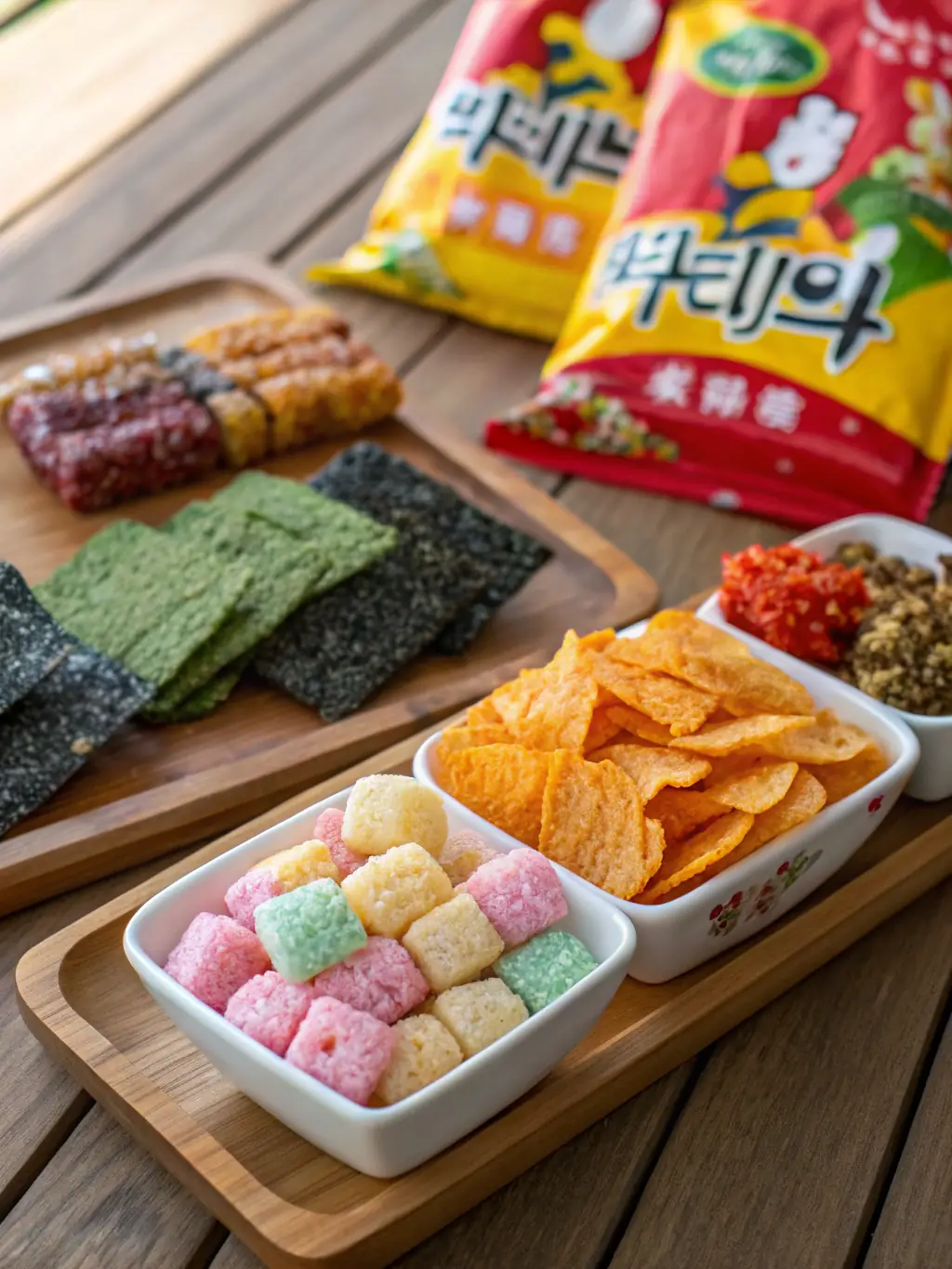 A close-up of a colorful bowl filled with potato chips, salted nuts, and a fresh sandwich, placed on a wooden table with a view of the kiosk terrace.