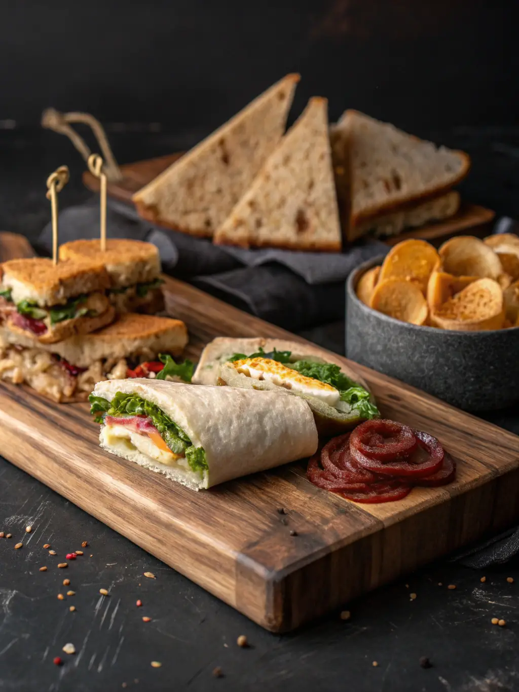 Verschiedene Snacks wie Chips, Nüsse und Sandwiches auf einem rustikalen Holzteller, bereit zum Zugreifen, mit Picknick-Feeling.
