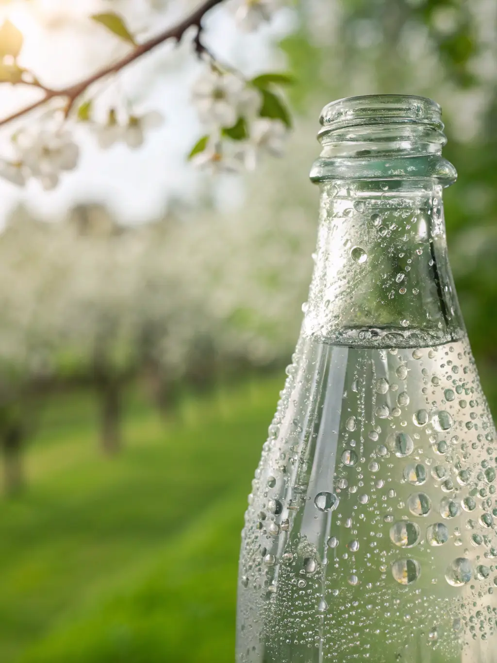 A chilled bottle of mineral water and colorful soft drinks in glass, with condensation, set against a bright lakeside background on a sunny day.