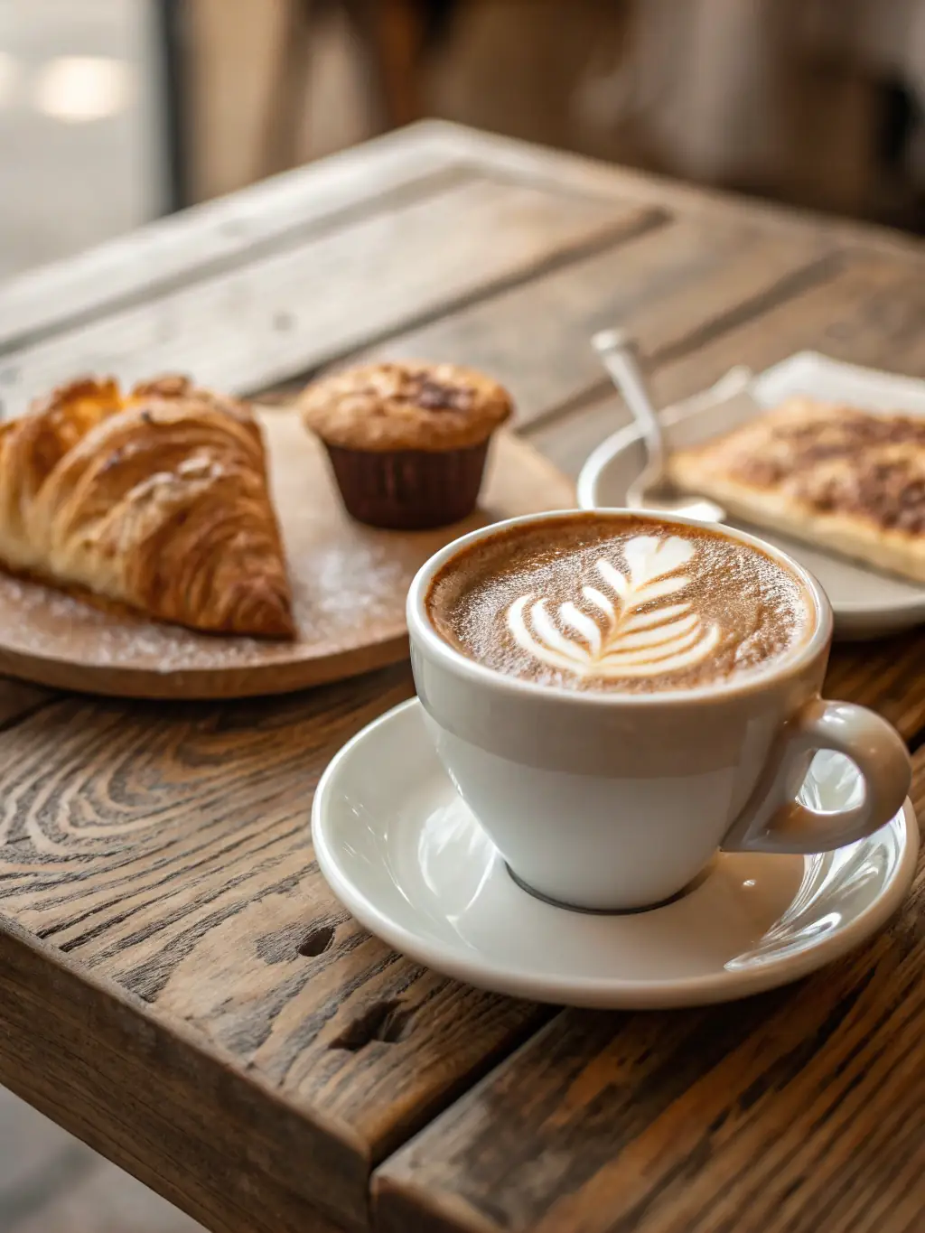 A steaming cup of fresh coffee with a creamy froth, placed on a wooden table overlooking Lake Constance, evoking a cozy morning at the kiosk.